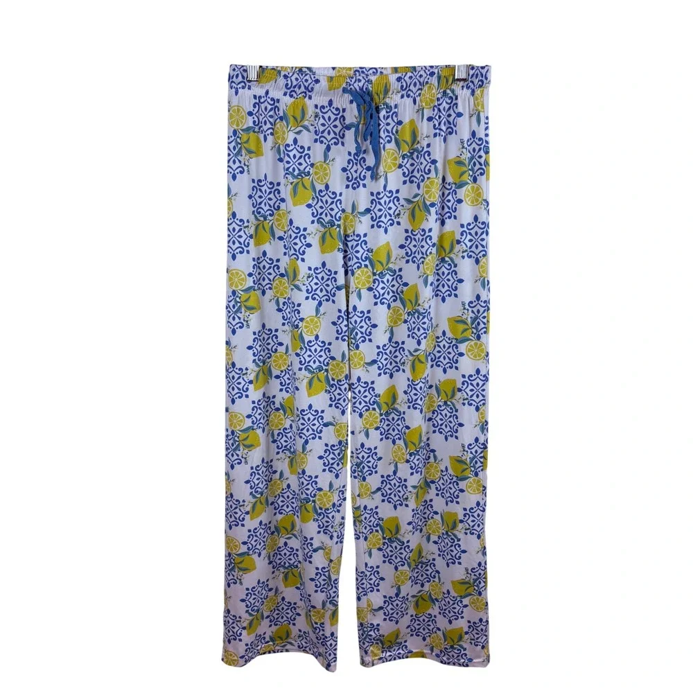 Hello Mello Lazy Daisy Lounge Pants S/M White Blue Lemon Print Soft Cozy Pajamas